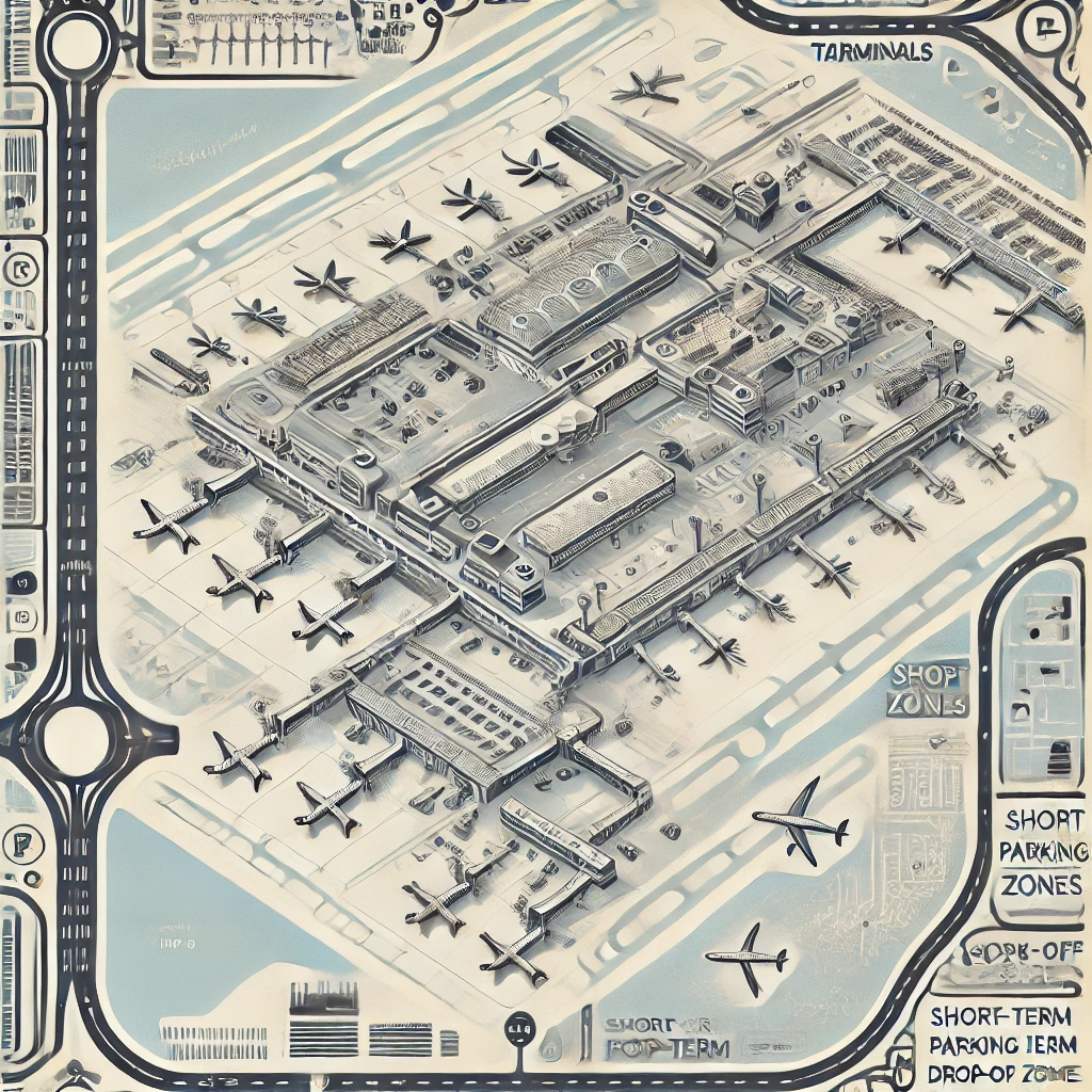 A detailed map of Birmingham Airport showing key landmarks such as terminals, parking lots (short-term and long-term), drop-off zones, and nearby road